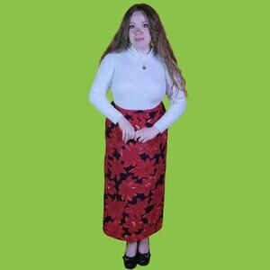 Kathie Lee Woman Red and Black 90s Floral Midi Skirt, 16W
